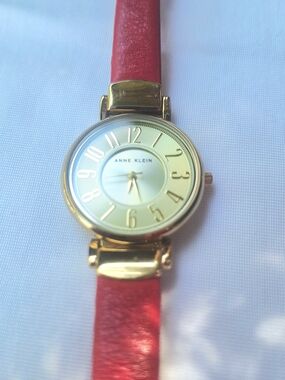 Working W/ New Battery Anne Klein Gold Dial Watch with Red Leather Strap